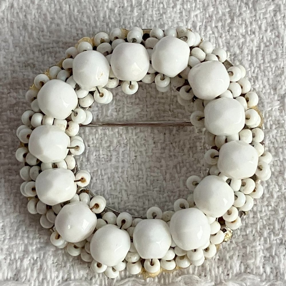 Hobe White Milk Glass Round Beaded Brooch Pin
